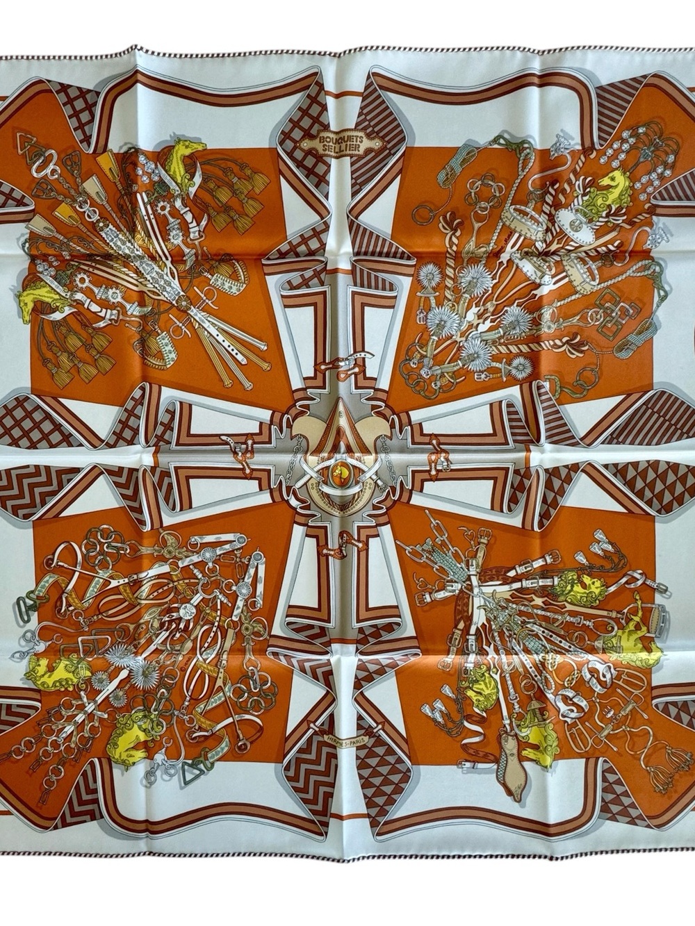 Hermes “Bouquet Sellier” Orange, White & Brown Silk Scarf 70cm